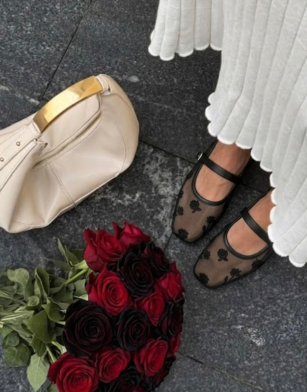 Black Mesh Floral Flats