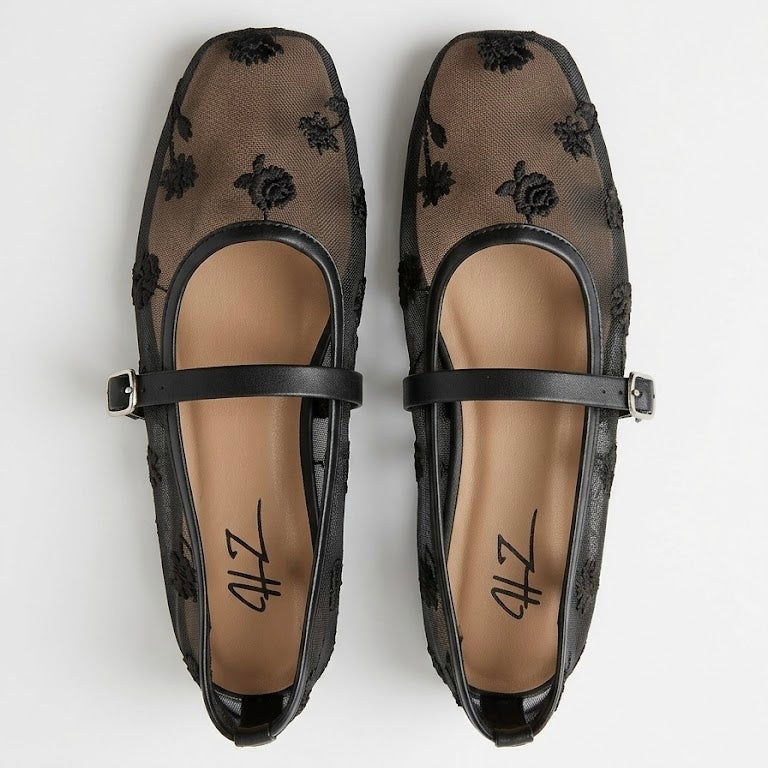 Black Mesh Floral Flats