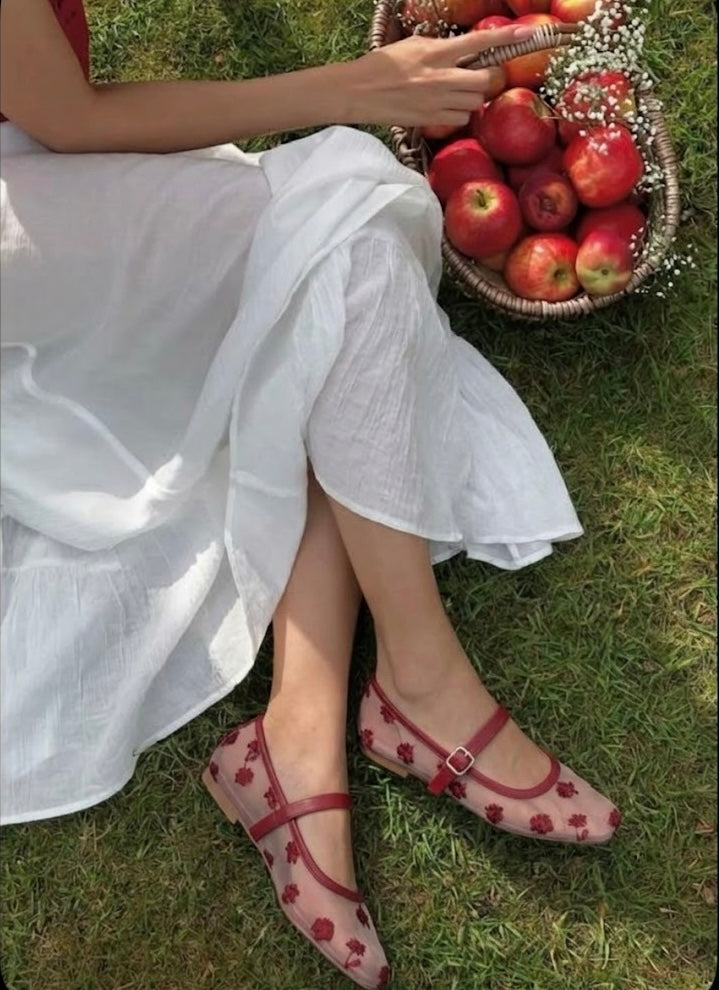 Maroon Mesh Floral Flats